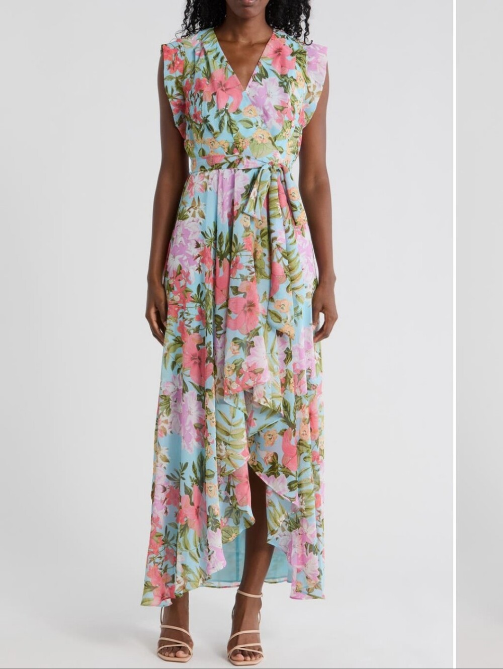 Eliza J Obi Floral Multi Color Cap Sleeve High-Low Maxi Dress Msrp $158